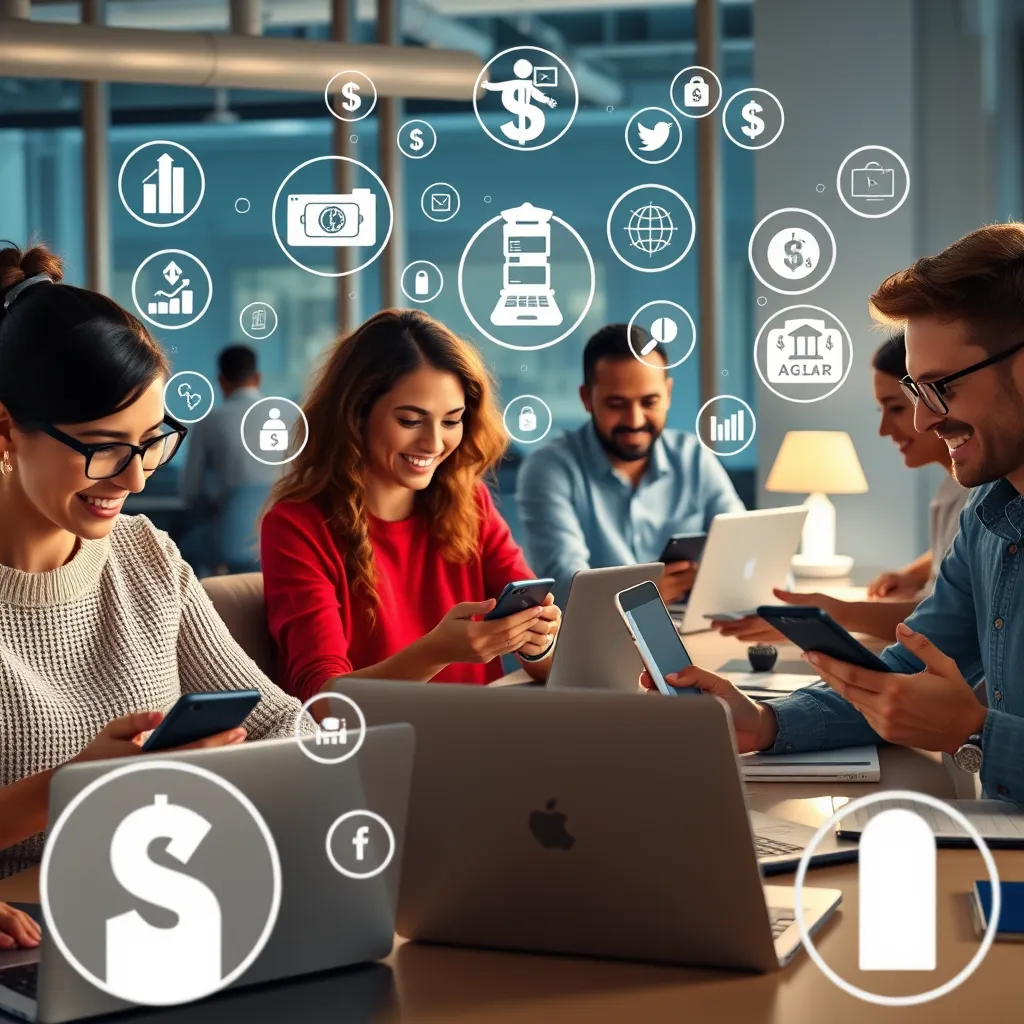 A high-quality photorealistic image depicting a diverse group of people using laptops and smartphones in a modern workspace, surrounded by icons representing various income streams like money, ads, and referrals, with a bright, optimistic atmosphere.