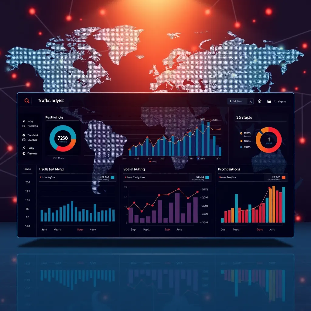 A photorealistic representation of a digital marketing dashboard displaying traffic analytics, social media engagement metrics, and promotional strategies. The background should feature a global map with interconnected lines showing traffic flow, highlighting the concept of a worldwide reach.