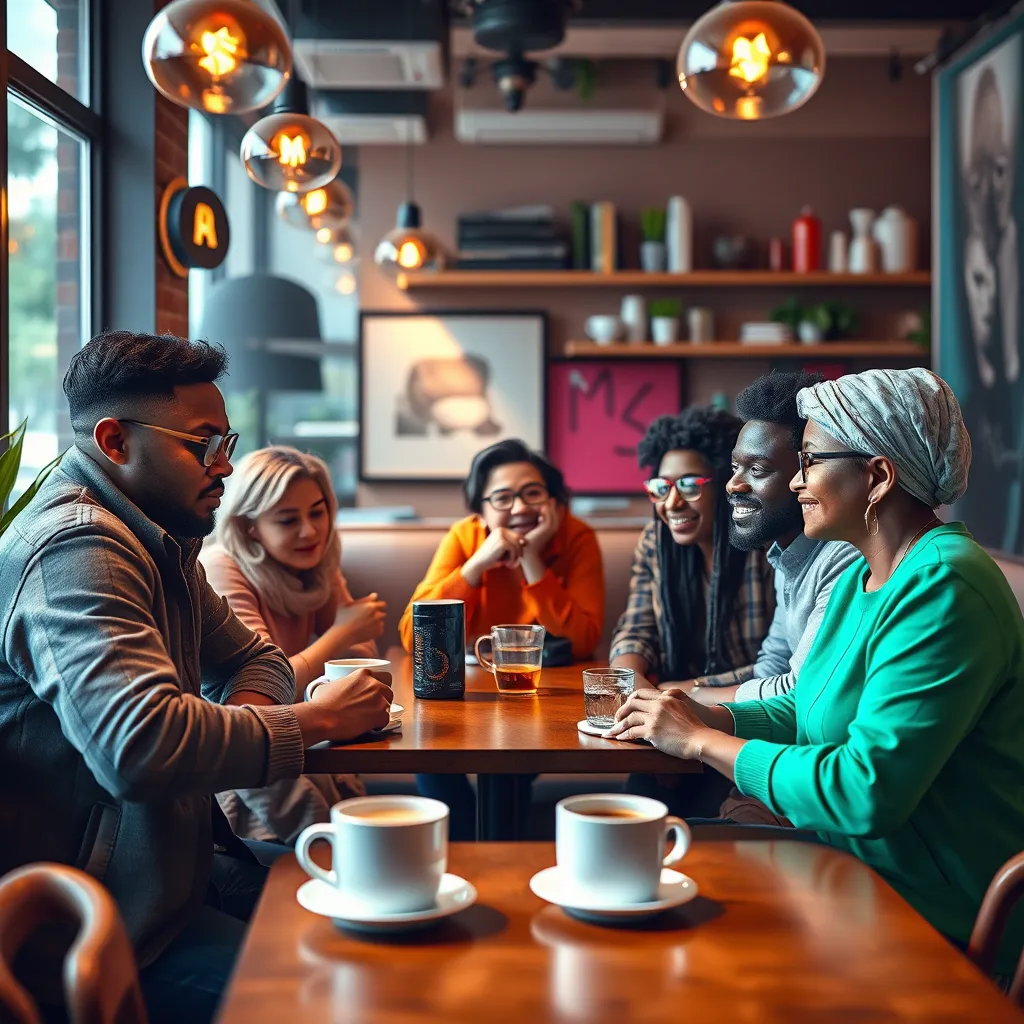A vibrant and inviting image illustrating a group of diverse individuals in a cozy cafe, discussing strategies and sharing ideas over coffee, with a relaxed yet focused demeanor, symbolizing community support and collaboration among marketers.