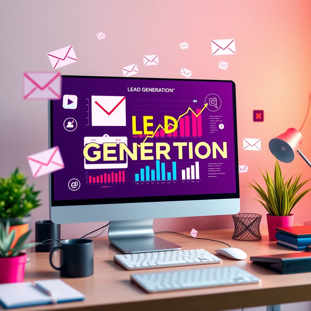 A vibrant digital workspace showcasing various lead generation tools on a computer screen, with graphical elements like charts, emails, and social media icons floating around to represent engagement and targeted marketing. The scene should look modern and tech-savvy, with bright colors to convey energy and innovation.