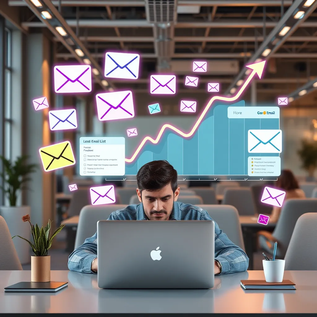 A visually appealing image showcasing a digital marketer at a laptop, surrounded by vibrant email icons and lead collection forms, with a large graph indicating growth in their email list, in a modern office environment.