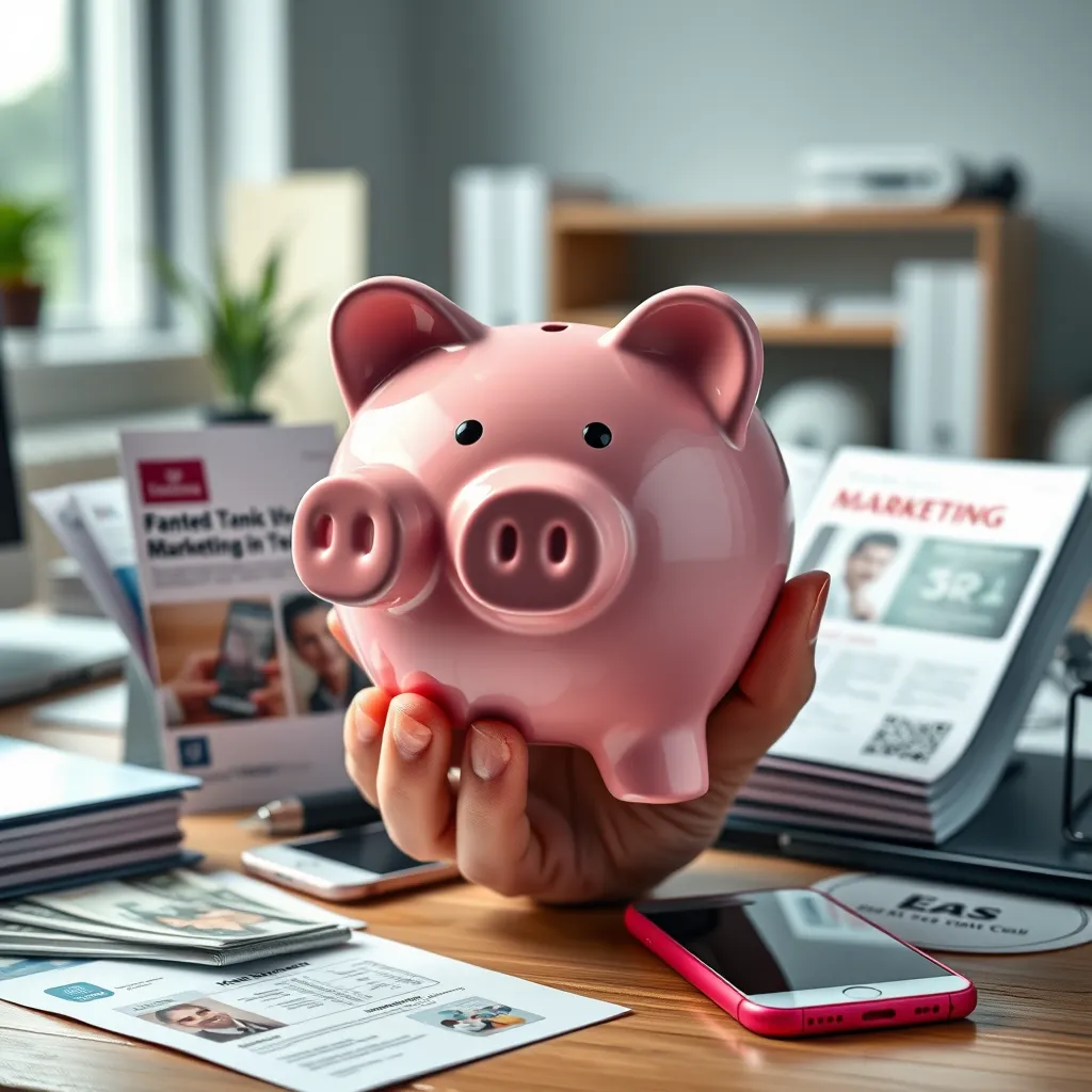 An artistic representation of a hand holding a piggy bank surrounded by various cost-effective marketing tools, such as brochures and mobile devices. The setting should be an office or a home workspace, symbolizing financial savings and smart investment in marketing.