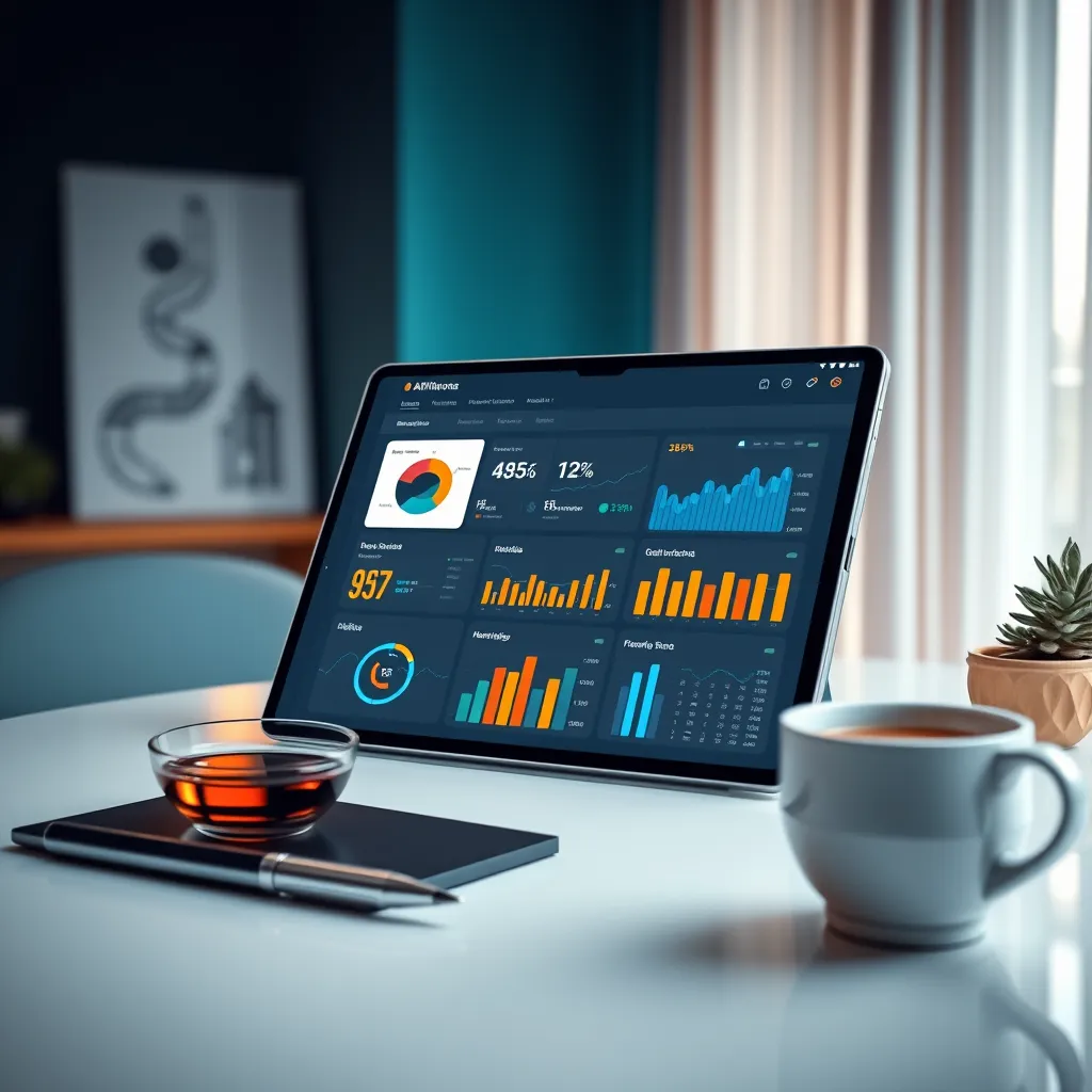 An engaging affiliate program management dashboard displayed prominently on a tablet. The composition focuses on the tablet, highlighting various colorful charts and metrics on the screen. Soft diffused lighting creates a relaxing yet professional atmosphere. The color palette blends deep blues and oranges, symbolizing stability and creativity. The camera angle is slightly tilted, giving a modern touch. The tablet is placed on a chic office desk alongside a stylish pen, a cup of tea, and a small succulent plant, enhancing the workspace vibe. Textures include sleek glass and warm wood, contributing to an inviting setting. The image should be hyperrealistic and ultra-detailed, in 8K resolution, capturing the essence of a professional and efficient affiliate management tool.