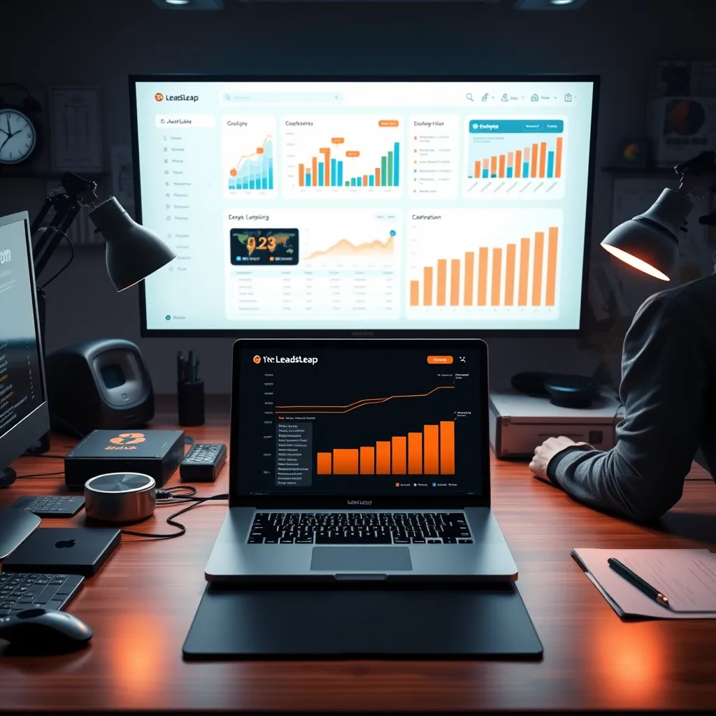 An engaging image showcasing a high-tech office desk with a laptop open to the LeadsLeap dashboard, surrounded by modern tech gadgets, charts showing growth and statistics, and a focused individual analyzing data, emphasizing efficiency and innovation.